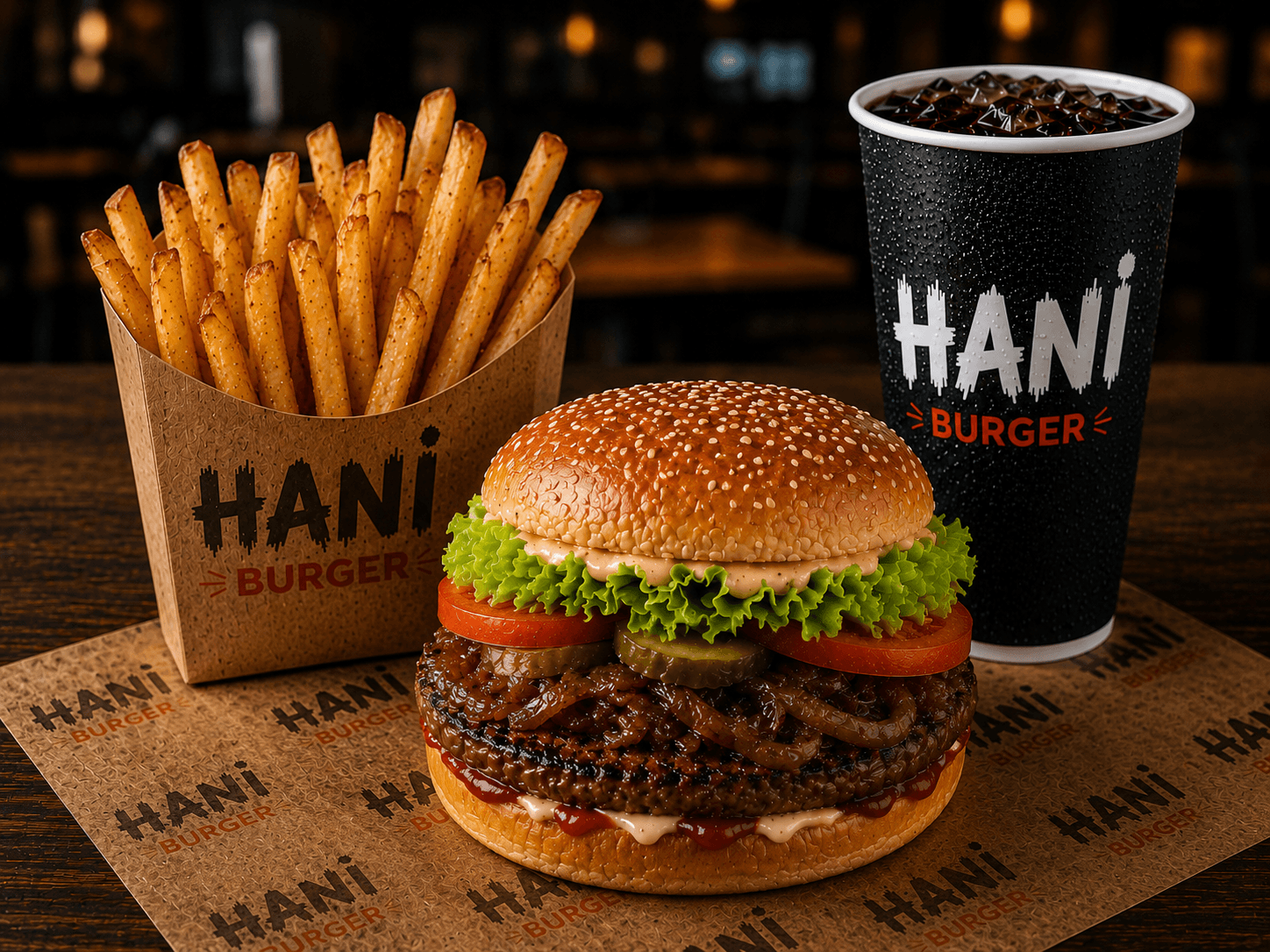 Karamelize Soğanlı Burger + Patates + İçecek